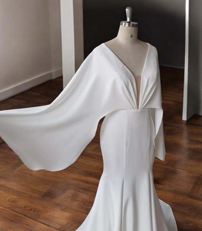 Flowing Cape Wedding Dress | Button Back Bridal Gown | Modern Wedding Gown with Train