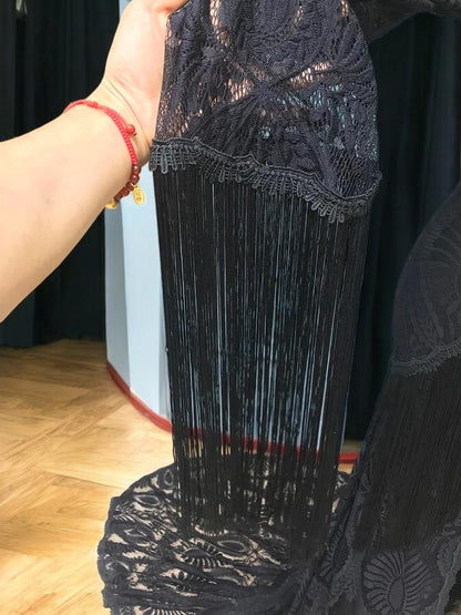 Robe de mariée en dentelle noire | Robe de mariée bohème à manches longues | Robe de mariée à franges