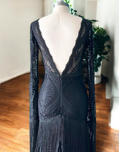 Robe de mariée en dentelle noire | Robe de mariée bohème à manches longues | Robe de mariée à franges