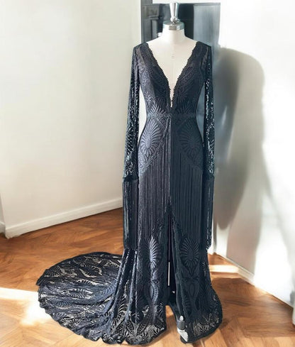 Robe de mariée en dentelle noire | Robe de mariée bohème à manches longues | Robe de mariée à franges