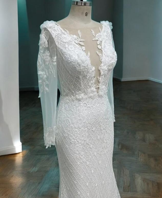 Lace Wedding Dress with Pearl Draped Back | Long Sleeve Bridal Gown | Elegant Sheer Lace Gown