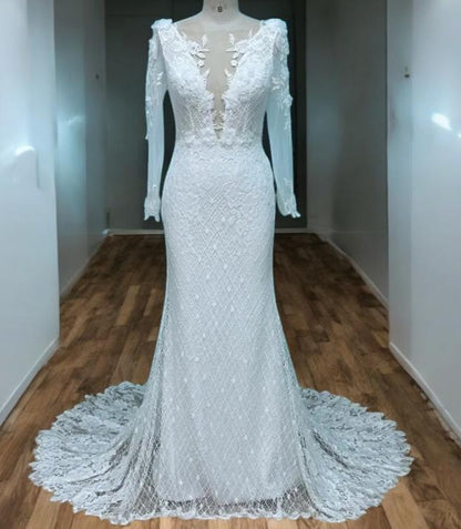 Lace Wedding Dress with Pearl Draped Back | Long Sleeve Bridal Gown | Elegant Sheer Lace Gown