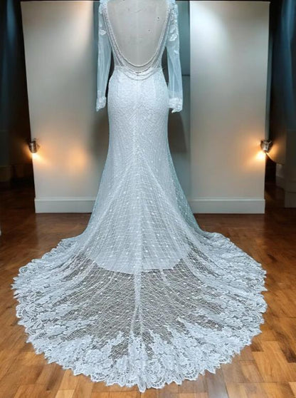 Lace Wedding Dress with Pearl Draped Back | Long Sleeve Bridal Gown | Elegant Sheer Lace Gown