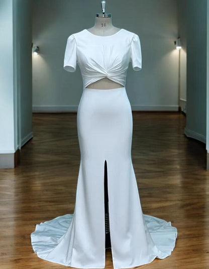 Cutout Wedding Dress | Short Sleeve Bridal Gown with Slit | Modern Wedding Gown with Train