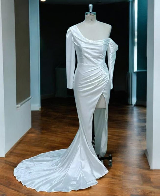 Satin Wedding Dress | One-Shoulder Bridal Gown with Slit | Modern Wedding Gown