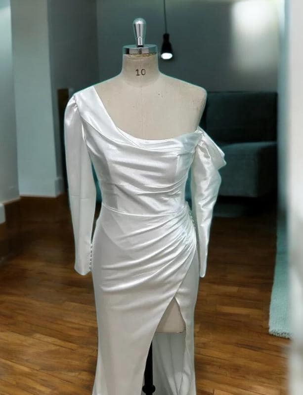 Satin Wedding Dress | One-Shoulder Bridal Gown with Slit | Modern Wedding Gown