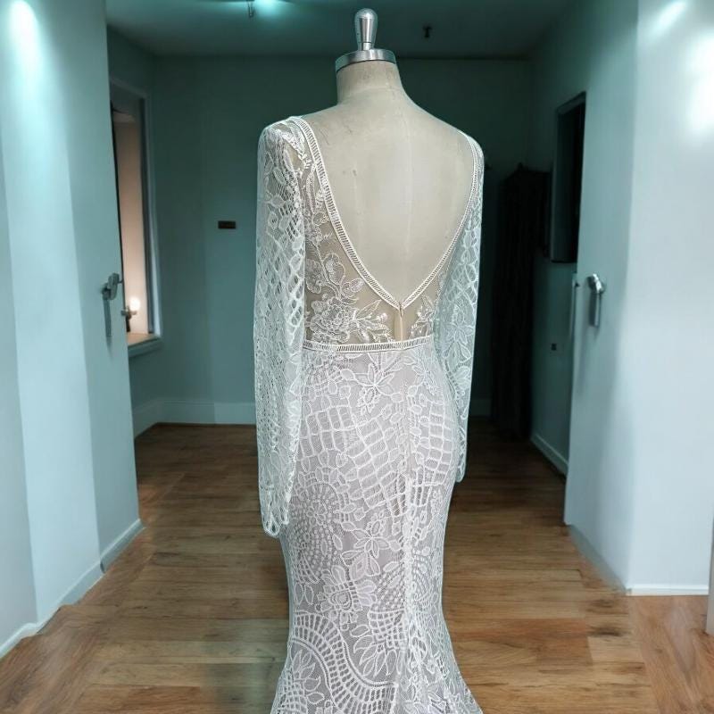 Long Sleeve Lace Wedding Dress | Open Back Bridal Gown | Mermaid Lace Gown with Train