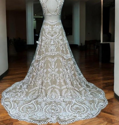 Robe de mariée bohème en dentelle sans manches | Robe de mariée élégante coupe A avec traîne | Robe de mariée chic en dentelle