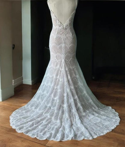 Vintage Lace Mermaid Wedding Dress - Elegant Bridal Gown with Scalloped Train - Mermaid Silhouette Bridal Dress - Romantic Wedding Gown