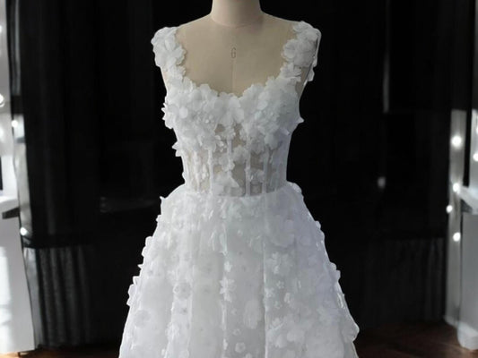 Robe de mariée courte à imprimé floral 3D avec dos corset en dentelle | Robe de mariée unique | Robe d'évasion | Robe de réception