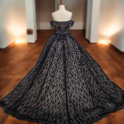 Elegant Black Luxury Sequin Ball Gown - Off Shoulder Corset Dress