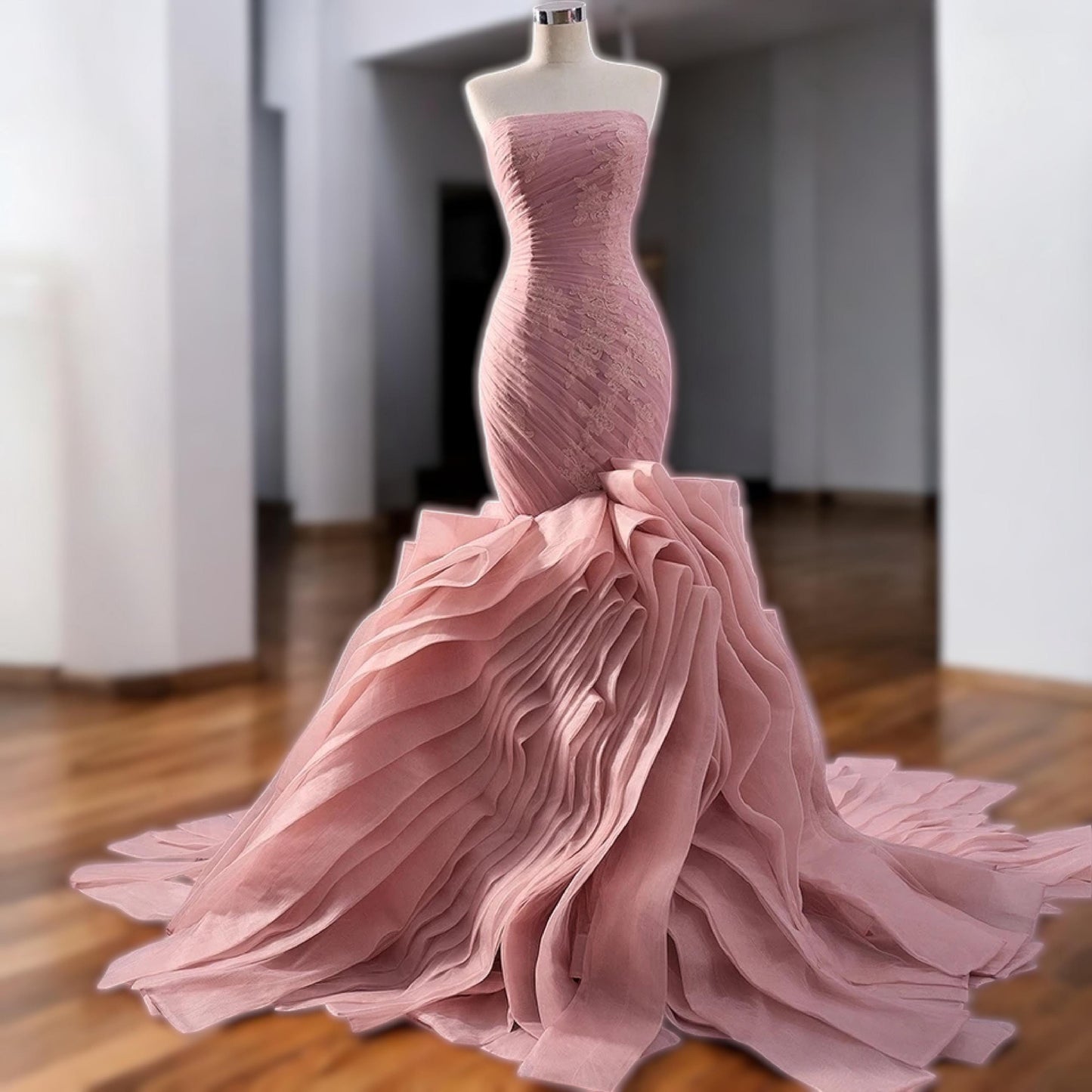 Romantic Blush Pink Mermaid Evening Gown – Layered Tulle Train & Lace-Up Back Dress - Elegant Formal Dress