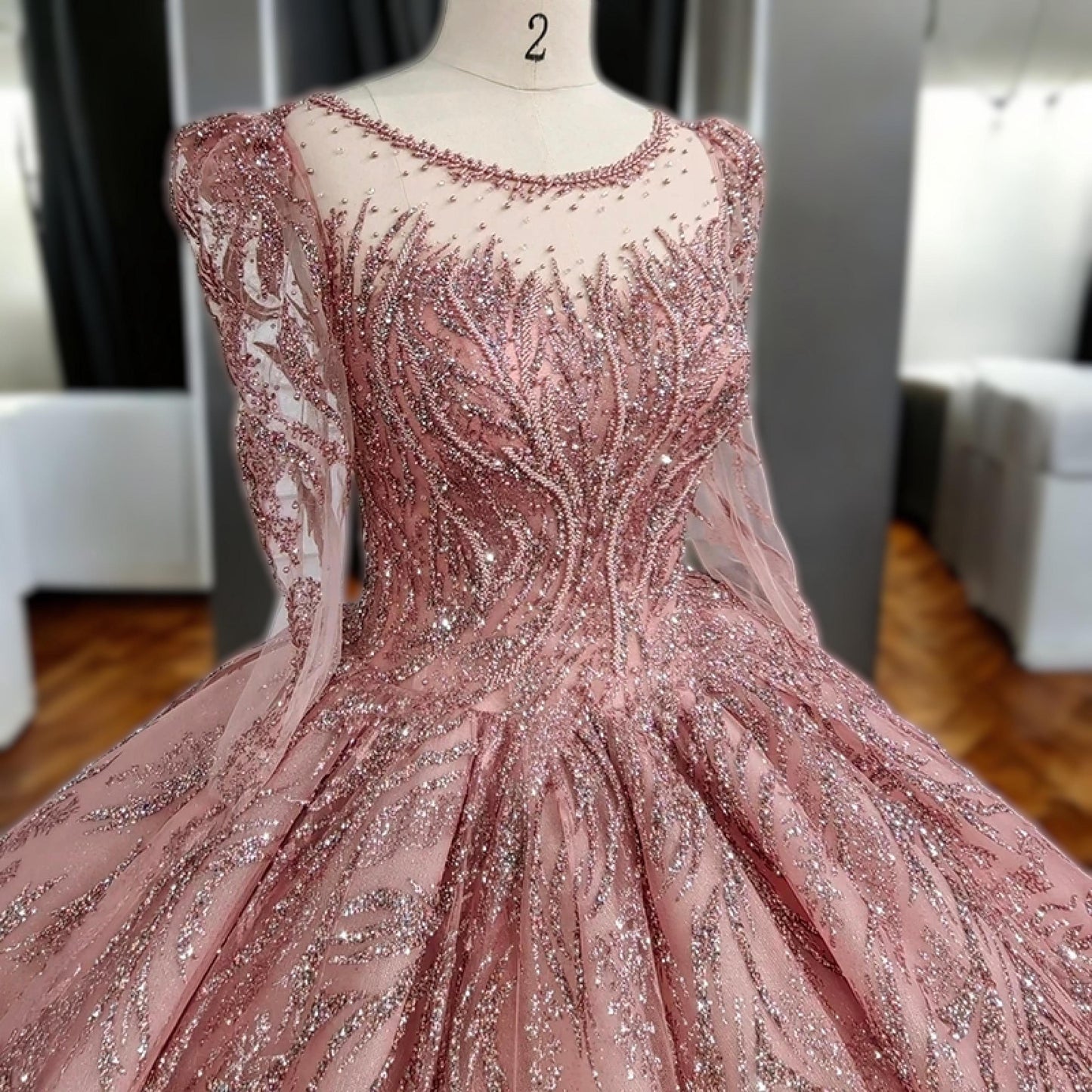 Exquisite Rose Gold Sparkling Ball Gown - Luxury Long Sleeve Dress with Beaded Details and Corset Back