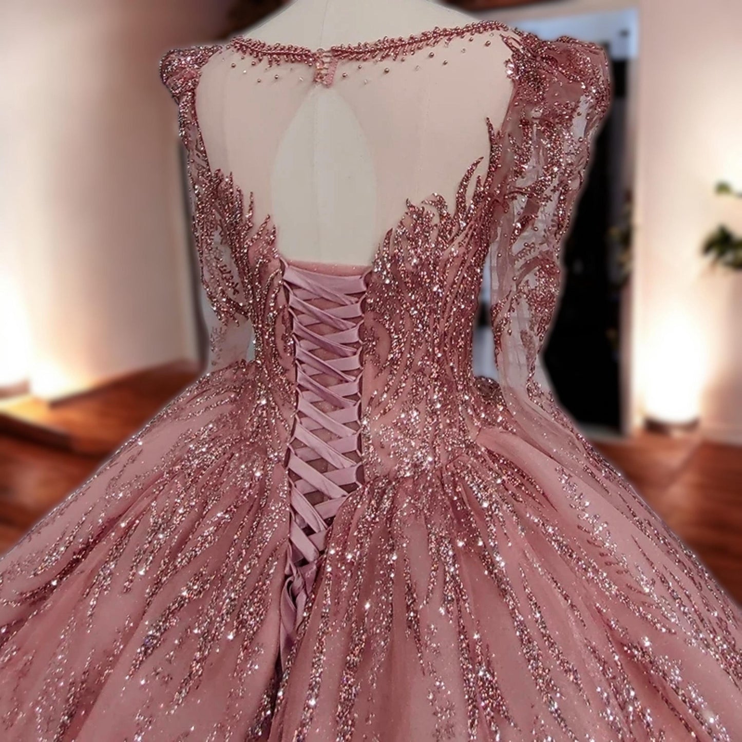 Exquisite Rose Gold Sparkling Ball Gown - Luxury Long Sleeve Dress with Beaded Details and Corset Back