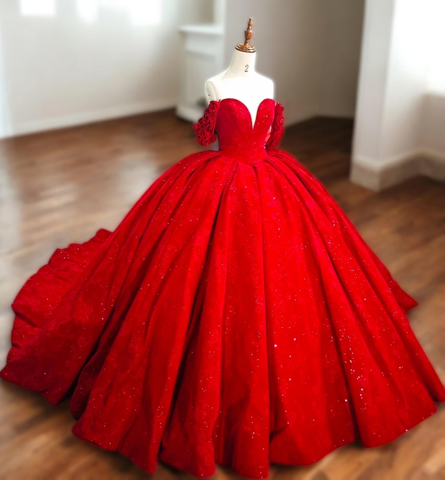 Luxury Red Ball Gown with Rose Embellishments - Glamorous Sparkling Off Shoulder Dress - Luxurious Custom Dress