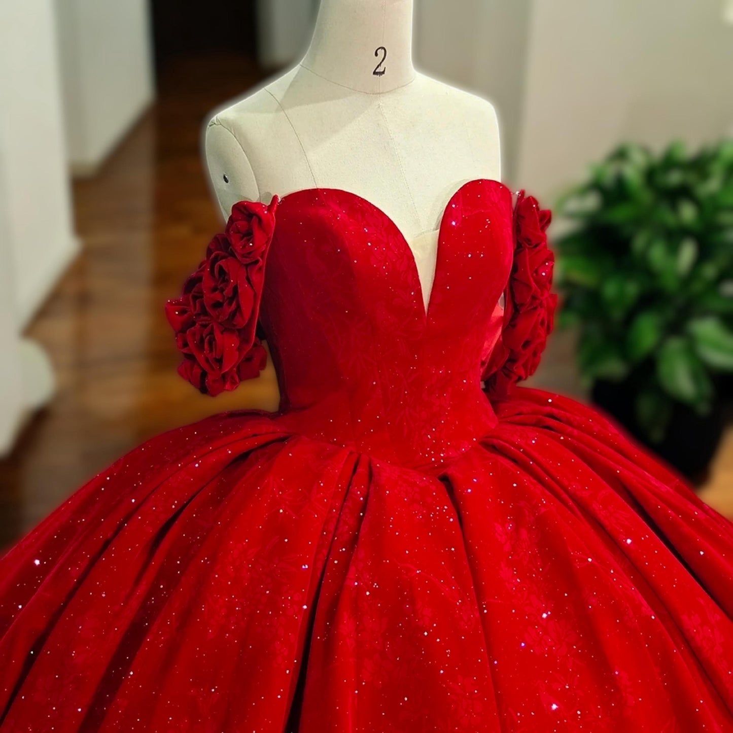 Luxury Red Ball Gown with Rose Embellishments - Glamorous Sparkling Off Shoulder Dress - Luxurious Custom Dress