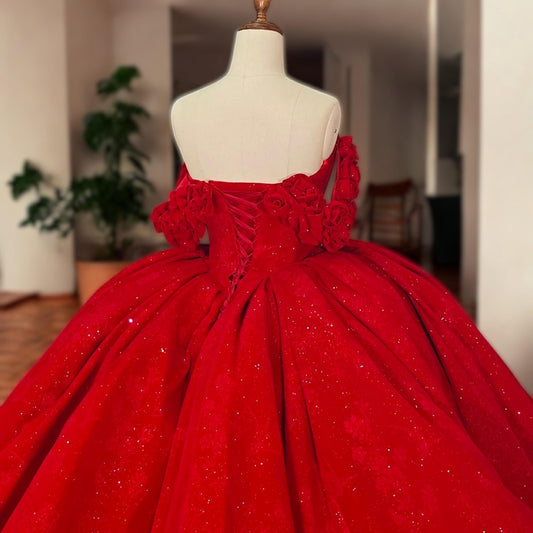 Luxury Red Ball Gown with Rose Embellishments - Glamorous Sparkling Off Shoulder Dress - Luxurious Custom Dress