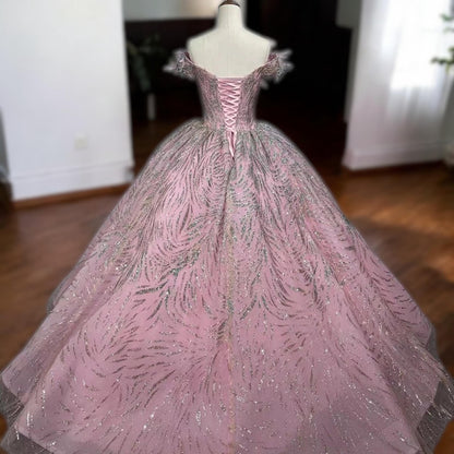 Luxurious Pink Feather-Inspired Ball Gown – Intricate feather-inspired Embellishments Dress - Custom Luxury Gown