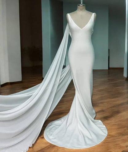 Elegant Satin Mermaid Wedding Dress, Detachable Cape Wedding Dress, and Deep V Back Bridal Gown - Simple Bridal Gown"