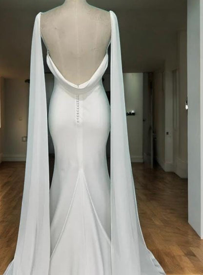 Elegant Satin Mermaid Wedding Dress, Detachable Cape Wedding Dress, and Deep V Back Bridal Gown - Simple Bridal Gown"