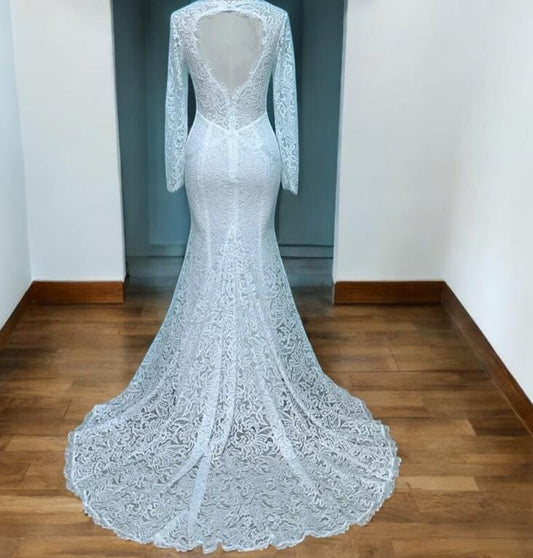 Long Sleeve Lace Mermaid Wedding Dress | Keyhole Back Bridal Gown | Floral Lace Train Dress