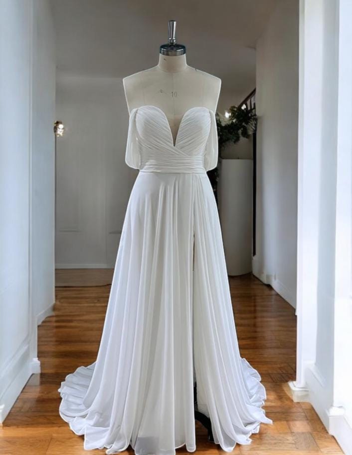 Strapless Chiffon Wedding Dress | Sweetheart Neckline Bridal Gown | Lightweight Beach Wedding Dress  | Draped Arm Straps Wedding Dress