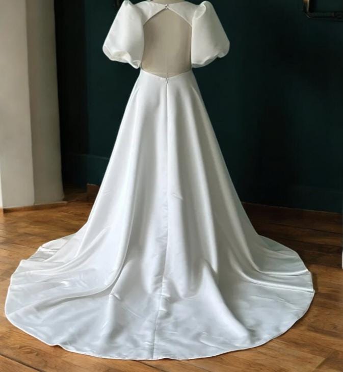 Satin A-Line Wedding Dress with Pocket | Puff Sleeve Bridal Gown | Open Back Wedding Gown | Simple Elegant Wedding Dress | Modern Satin Gown