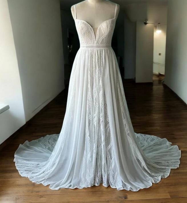 Boho Lace Wedding Dress with Deep v neck | Spaghetti Strap Wedding Dress | A-Line Wedding Gown | Bohemian Wedding Dress | Lace Bridal Gown