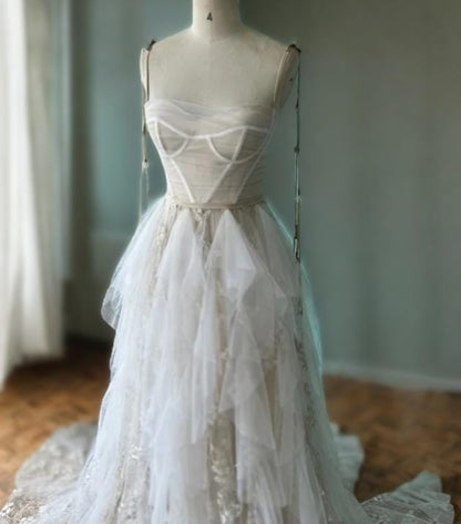 Ethereal Bohemian Wedding Dress with Detachable Straps | Tiered Tulle Bridal Gown | Romantic Wedding Dress | Vintage Inspired Wedding Gown