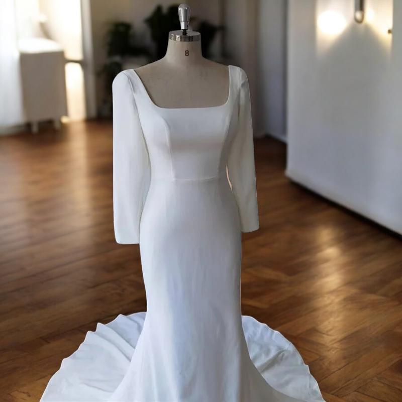 Robe de mariée moderne à col carré / Robe de mariée sirène à manches longues avec traîne / Robe de mariée personnalisée / Mariée grande taille / Robe élégante en crêpe