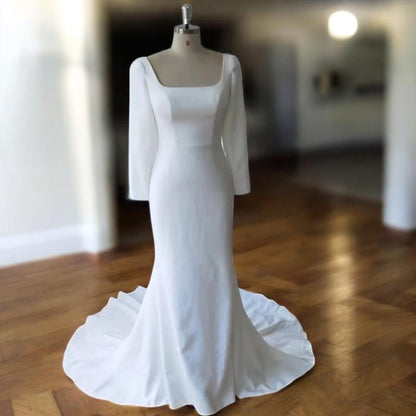 Robe de mariée moderne à col carré / Robe de mariée sirène à manches longues avec traîne / Robe de mariée personnalisée / Mariée grande taille / Robe élégante en crêpe