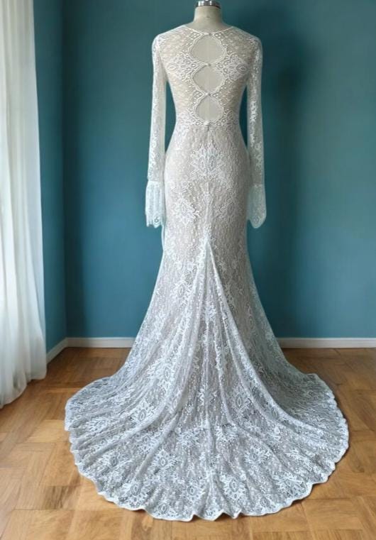 Lace Mermaid Wedding Gown | Long Sleeve Bridal Dress | Vintage Inspired Lace Dress | Fitted Lace Wedding Gown | Sheer Lace Mermaid Gown