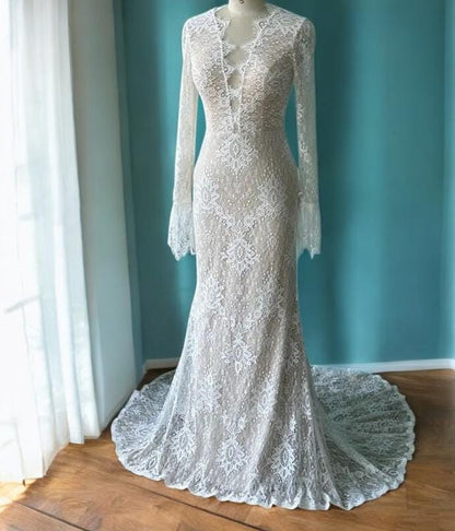 Lace Mermaid Wedding Gown | Long Sleeve Bridal Dress | Vintage Inspired Lace Dress | Fitted Lace Wedding Gown | Sheer Lace Mermaid Gown