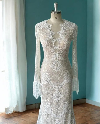 Lace Mermaid Wedding Gown | Long Sleeve Bridal Dress | Vintage Inspired Lace Dress | Fitted Lace Wedding Gown | Sheer Lace Mermaid Gown