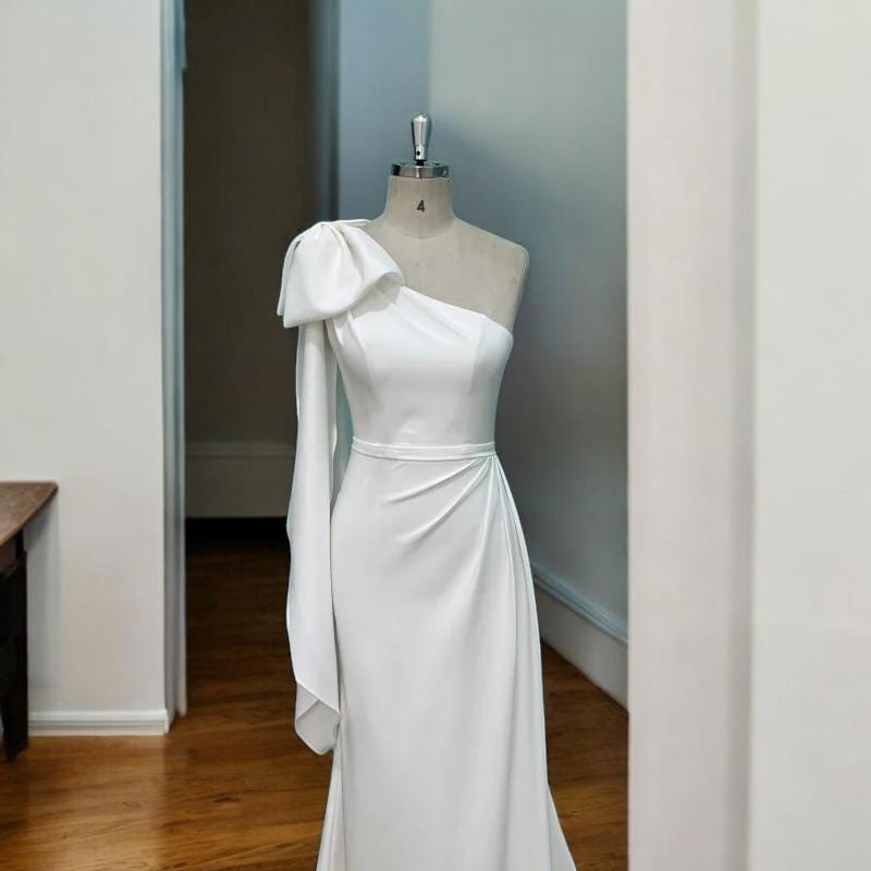 One-Shoulder Wedding Dress | Asymmetrical Bridal Gown | Satin Wedding Gown | Elegant Wedding Dress with Train | Unique custom Wedding Dress