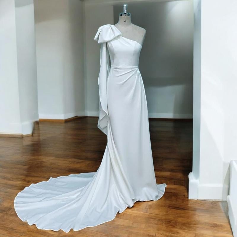 One-Shoulder Wedding Dress | Asymmetrical Bridal Gown | Satin Wedding Gown | Elegant Wedding Dress with Train | Unique custom Wedding Dress