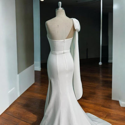 One-Shoulder Wedding Dress | Asymmetrical Bridal Gown | Satin Wedding Gown | Elegant Wedding Dress with Train | Unique custom Wedding Dress