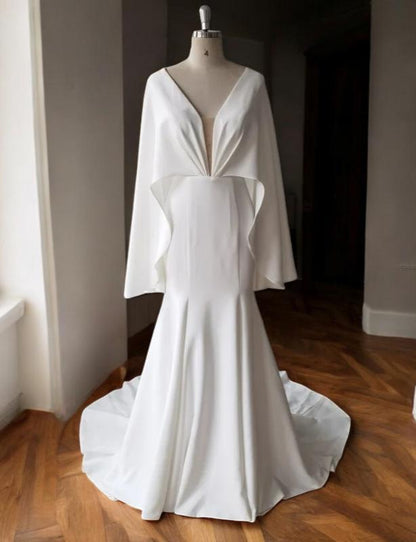 Flowing Cape Wedding Dress | Button Back Bridal Gown | Modern Wedding Gown with Train