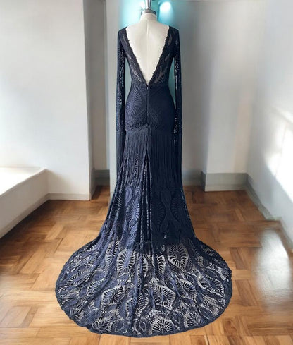 Robe de mariée en dentelle noire | Robe de mariée bohème à manches longues | Robe de mariée à franges