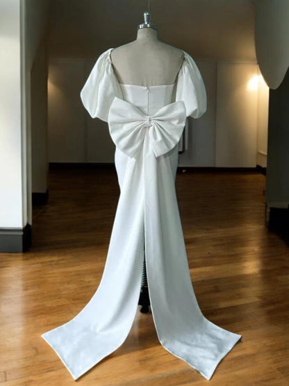 Robe de mariée courte à manches bouffantes amovibles | Robe de mariée avec nœud dans le dos | Robe de déclaration moderne