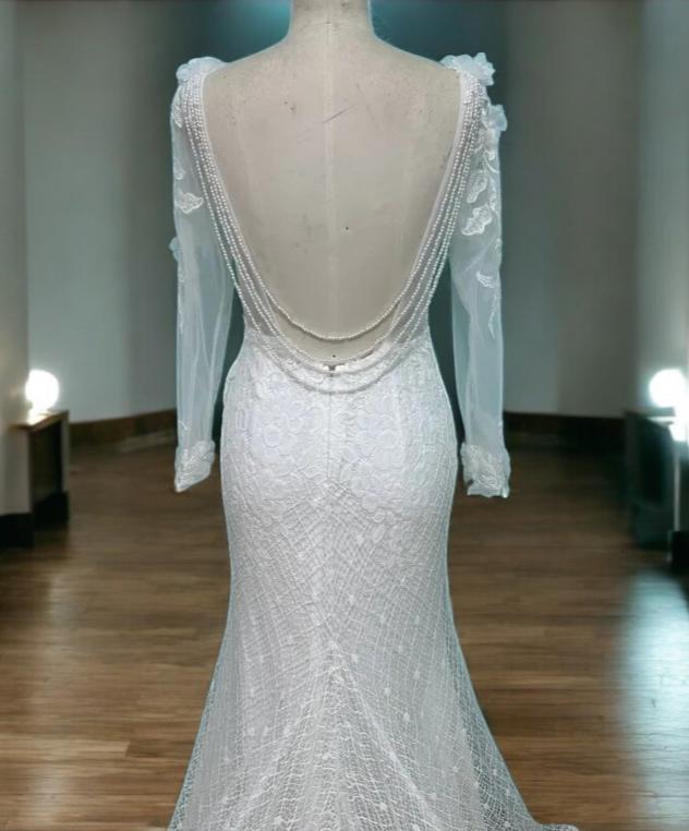 Lace Wedding Dress with Pearl Draped Back | Long Sleeve Bridal Gown | Elegant Sheer Lace Gown