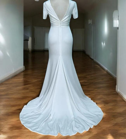 Cutout Wedding Dress | Short Sleeve Bridal Gown with Slit | Modern Wedding Gown with Train