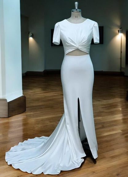 Cutout Wedding Dress | Short Sleeve Bridal Gown with Slit | Modern Wedding Gown with Train