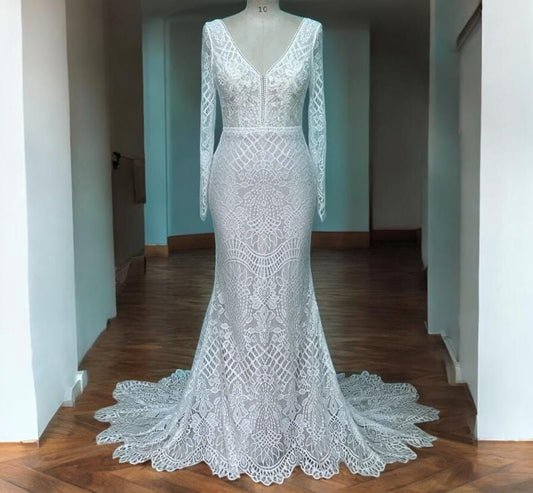 Long Sleeve Lace Wedding Dress | Open Back Bridal Gown | Mermaid Lace Gown with Train