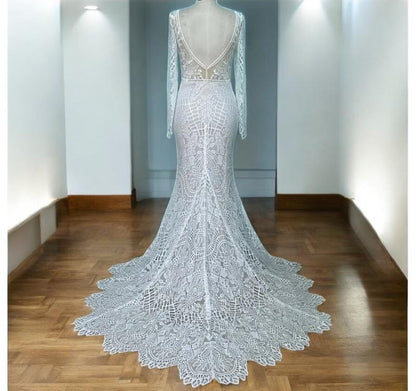 Robe de mariée en dentelle à manches longues | Robe de mariée dos nu | Robe sirène en dentelle avec traîne