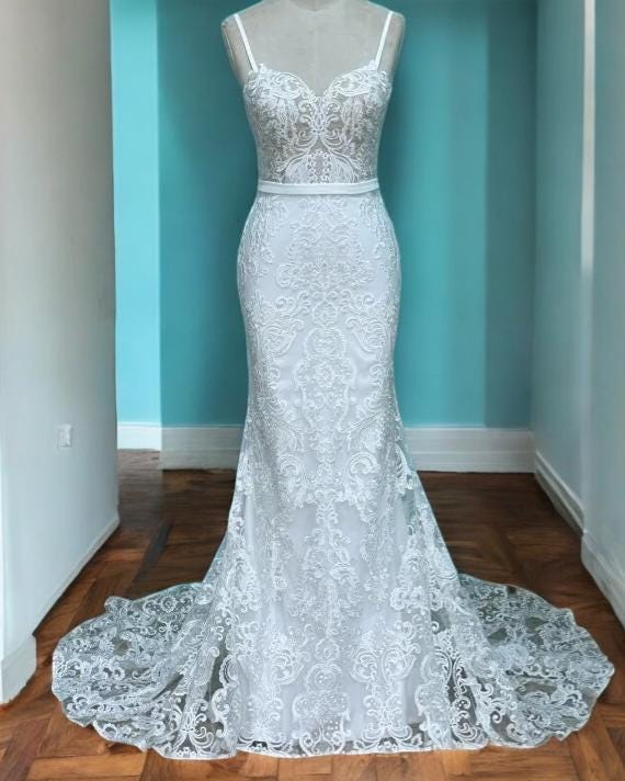 Elegant Sequin Lace Mermaid Wedding Dress | Open Back Wedding Gown | Long Luxury Lace Train Dress | Lace Applique Wedding Gown