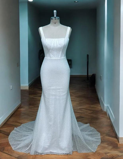 Robe de mariée en dentelle à sequins | Robe de mariée à col carré avec traîne | Tenue de mariage élégante