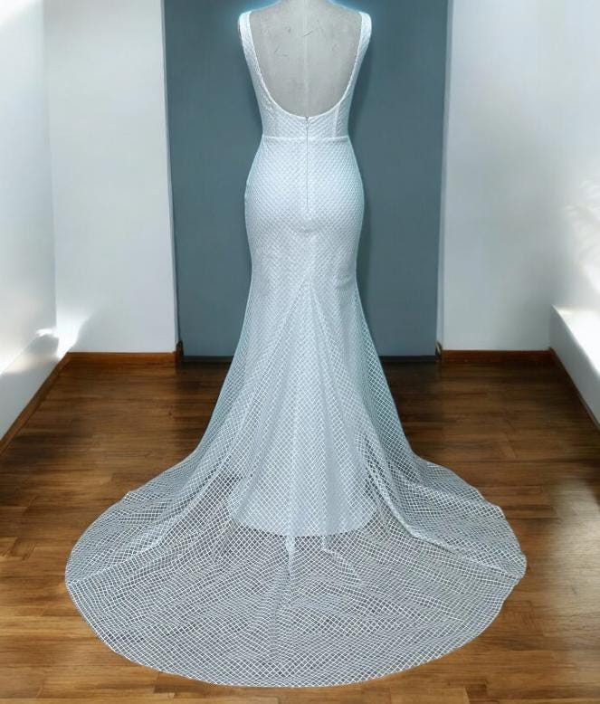 Sequin Lace Wedding Dress | Square Neck Bridal Gown with Train | Elegant Wedding Attire