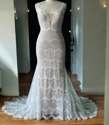 Vintage Lace Mermaid Wedding Dress - Elegant Bridal Gown with Scalloped Train - Mermaid Silhouette Bridal Dress - Romantic Wedding Gown