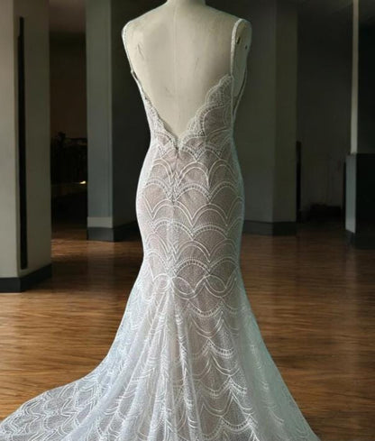 Vintage Lace Mermaid Wedding Dress - Elegant Bridal Gown with Scalloped Train - Mermaid Silhouette Bridal Dress - Romantic Wedding Gown